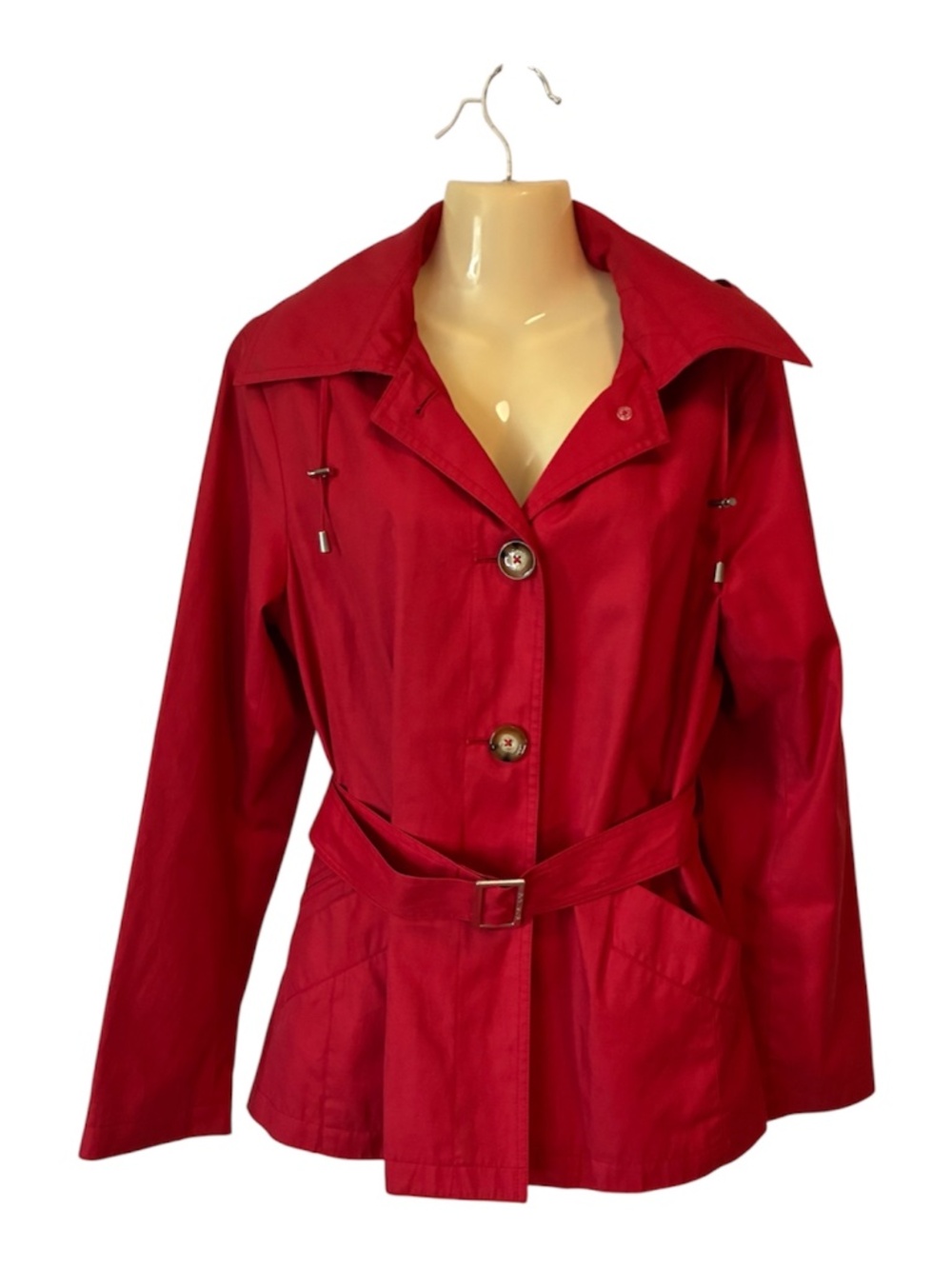 MICHAEL Michael Kors Raincoat Utility Jacket w Belt Removable Hood Red Large